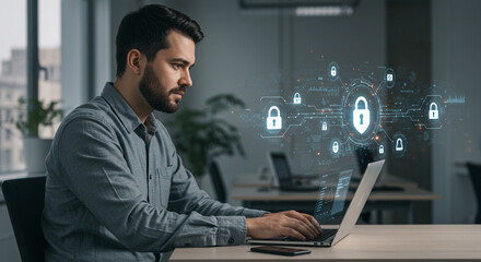 Man working on laptop with digital security lock icons floating above the device in an office space