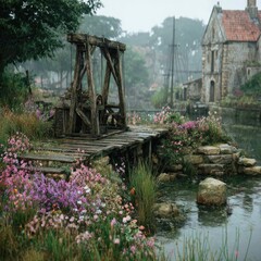 Misty village wharf with old wooden crane