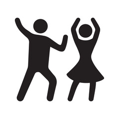 Dancing couple icon of a man and woman at a party. Stick figure symbol of celebration, fun, and nightlife.
