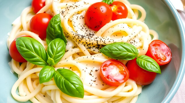 A dish of fettuccine alfredo, indulgently creamy and served in a teal bowl, is elevated by the addition of vibrant cherry tomatoes and fresh basil leaves, finished with a light dusting of black - Powered by Adobe