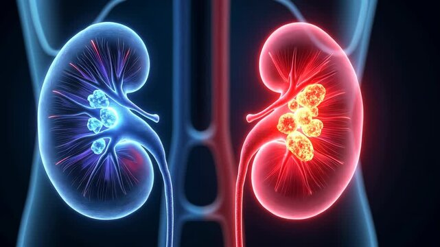 kidneys, renal function, kidney disease. Organ health. Nephrons filter body fluids. Tubules reabsorption enhances mineral balance. Urinary output regulates electrolyte levels. 3D medical illustration
