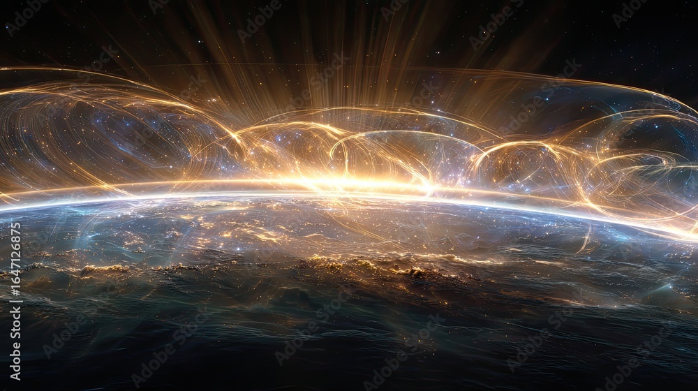 Poster global network energy flows connecting continents with vibrant light trails, showcasing interconnect