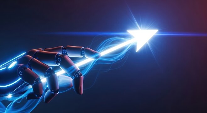 Robotic hand with glowing blue energy trails guides a bright upward pointing arrow symbolizing progress