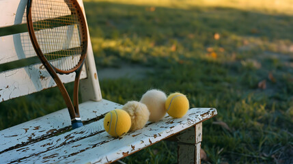 Vintage tennis racket rests on a weathered bench with fuzzy balls, evoking nostalgic sporting moments and outdoor leisure.
