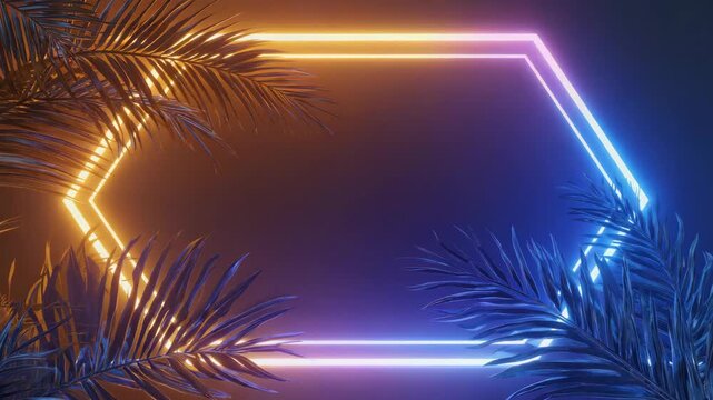 Vibrant neon hexagon glowing with blue and orange light, framed by tropical palm leaves, creates a striking visual against a gradient backdrop, perfect for summer, party, or tropical-themed designs