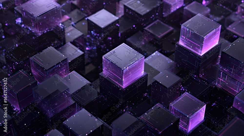 Poster experience the future with this stunning, dynamic digital abstract of glowing purple cubes and intri