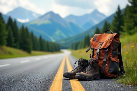 Backpack and hiking boots beside a roadside thumb, suggesting a journey on foot and by hitchhike A scenic mountain backdrop adds to the adventurous spirit of the image , distant, sky