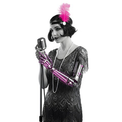 Flapper girl with robotic arm singing into microphone in black and white with pink accents