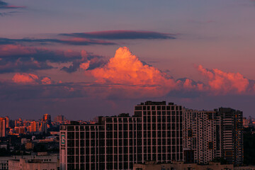 Clouds that look like mountains at sunset in the European city of Kyiv