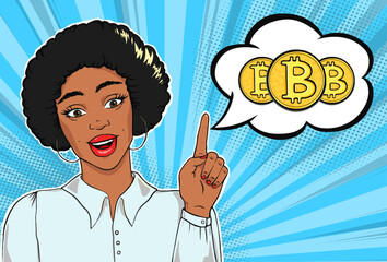 African american business woman thinking of buying cryptocurrency, building crypto portfolio vector illustration in pop art comic style concept