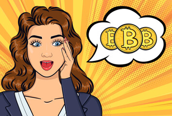 Business woman thinking of buying cryptocurrency, building crypto portfolio vector illustration in pop art comic style concept