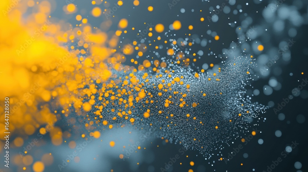 Poster bright orange and white particles dance and blend in a dark setting, showcasing a mesmerizing abstra