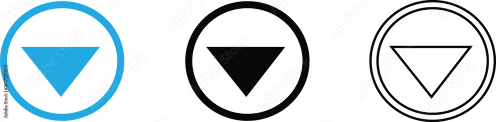 Poster circle with solid down arrow icon, blue vector for navigation, file download, software saving, web b