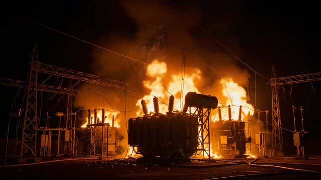 Power Substation Blaze in Documentary Night Palette with Glowing Smoke Illustrating Grid Outage Risk