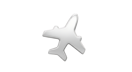 Shiny metallic airplane icon isolated on transparent background for travel concept
