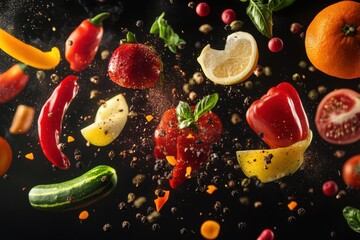 Assorted fruits and vegetables in the air