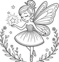 Fairy coloring page, fairy with star, magical fairy art, fairy clipart black and white, line art fairy girl