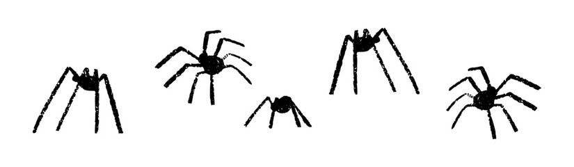 Black widow spider hand draw Halloween icon with realistic silhouette and web. Flat vector illustration isolated on white background.