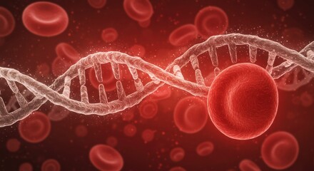 Microscopic View of DNA Strand and Red Blood Cells in Human Bloodstream: A Cellular Level Exploration of Genetic Code and Hematology