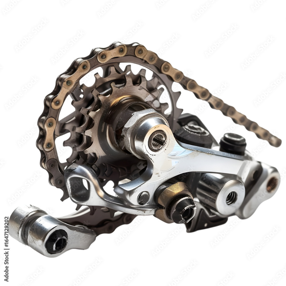 Poster close-up of a bicycle derailleur showcasing intricate mechanics and chain alignment on a white backg
