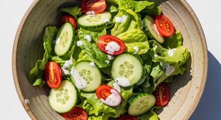 A top view of a fresh salad with lettuce, cucumber, tomatoes, and dressing in a ceramic bowl