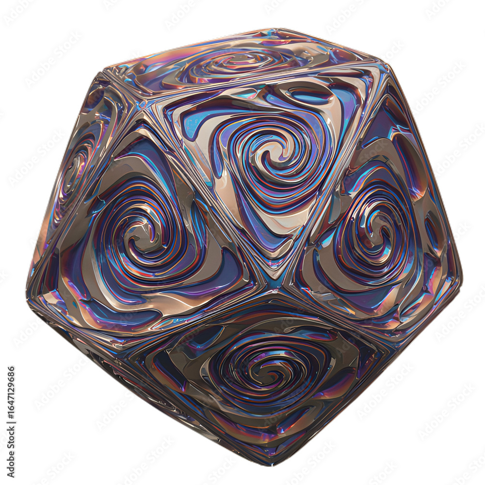 Poster Iridescent icosahedron with swirling patterns on a black background reflecting light