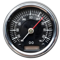 Close-up view of a vintage speedometer displaying 34 mph, set against a neutral background