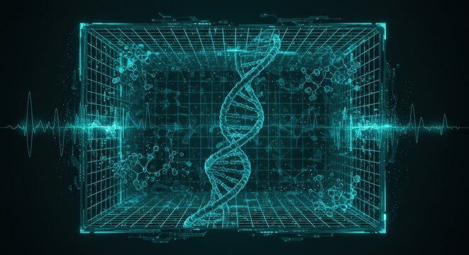 DNA Helix and Molecular Structure in Futuristic Digital Display.