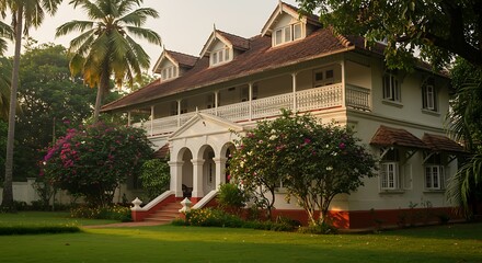 Colonial villa with lush landscaping in India showcasing modern elegance
