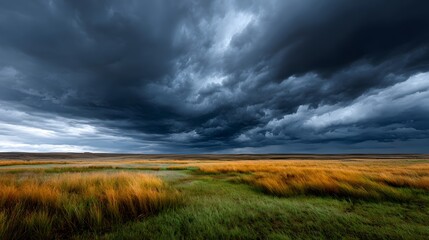 Dramatic Storm Clouds Overrolling Golden Field and Lush Green Grass in Rural Landscape