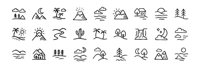 Hand drawn landscape elements vector set nature scenes mountains trees sun moon clouds waterfall desert icon set