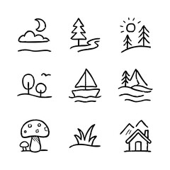 Hand drawn nature landscape elements vector illustration, moon, tree, sun, boat, house, mountain, mushroom, grass