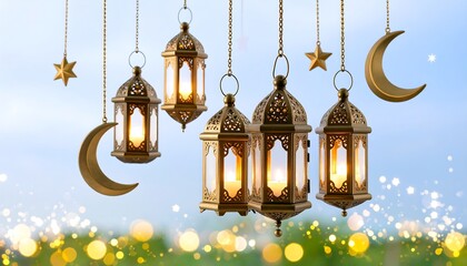Obraz premium Golden Lanterns, Crescent Moon, and Stars Against a Bokeh Sky for Ramadan Celebration