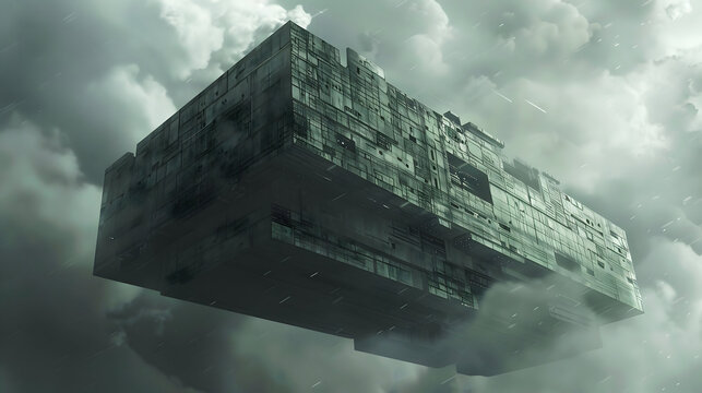 Massive futuristic alien spaceship descends through stormy, overcast skies creating a sense of awe and mystery