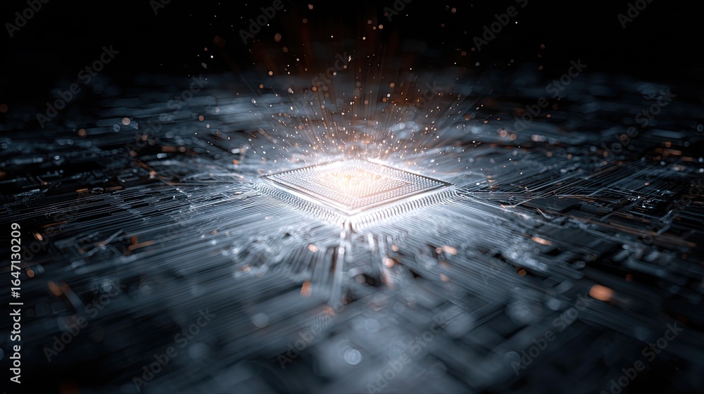 Poster captivating visual of a glowing central processing unit on a futuristic circuit board, radiating ene