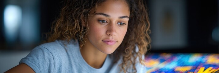 A young woman focused on her work at a computer, with a vibrant screen displaying data. The setting is modern and professional, conveying concentration and creativity.
