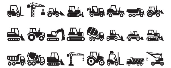 Construction vehicle fill icon set. Vector pictograms of bulldozer, loader, grader, paver, roller, lowboy hauler, utility, concrete mixer, thin linear illustration.