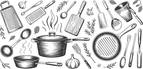 Hand-drawn kitchen utensils sketch, cooking tools illustration, black and white cookware drawing, vintage culinary art, rustic kitchen clipart
