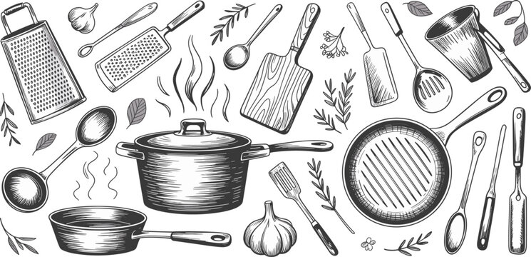 Hand-drawn kitchen utensils sketch, cooking tools illustration, black and white cookware drawing, vintage culinary art, rustic kitchen clipart