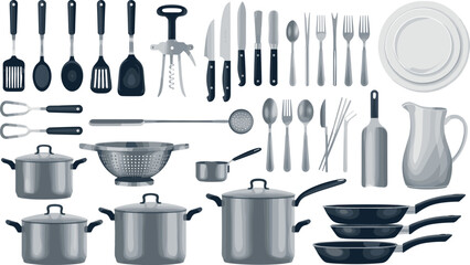 Kitchen cookware set, stainless utensils illustration, professional kitchen tools, modern pots and pans vector, culinary essentials clipart