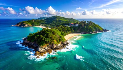 Fototapeta premium Aerial view of tropical island paradise with lush greenery and turquoise ocean