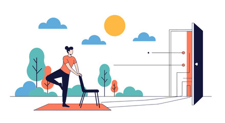 Naklejka premium Woman practicing ballet stretches outdoors near an open doorway