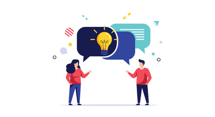 Two people communicate ideas sharing a lightbulb concept for innovation and teamwork