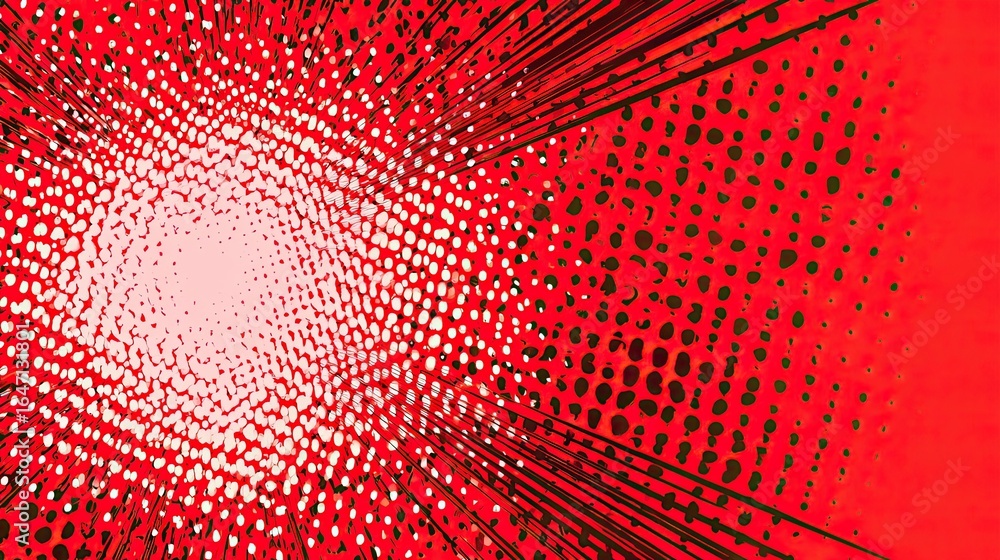Aufkleber explosive dynamic radial burst of red and white dots with dark green accents creating a powerful ene