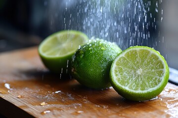 Limes being washed on a wooden surface