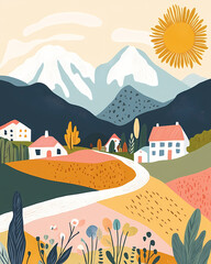 Peaceful Mountain Village Landscape