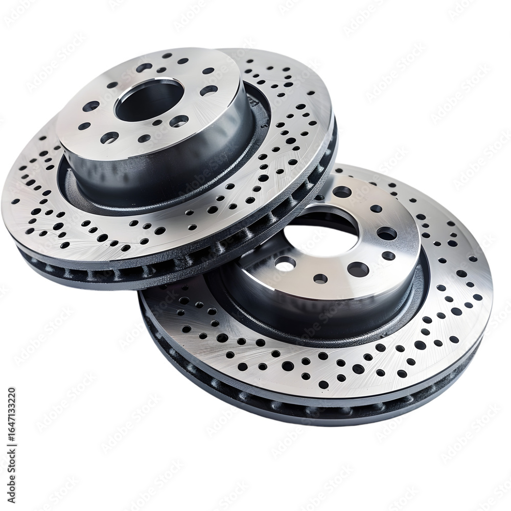 Poster close-up view of two high-performance brake discs stacked together, showcasing intricate design and 