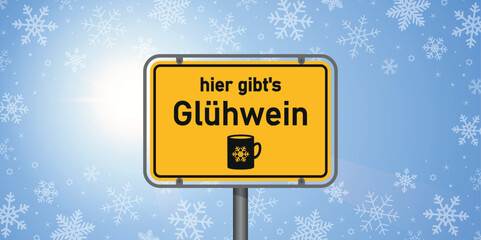 place sign with german word mulled wine in snowy winter landscape vector illustration