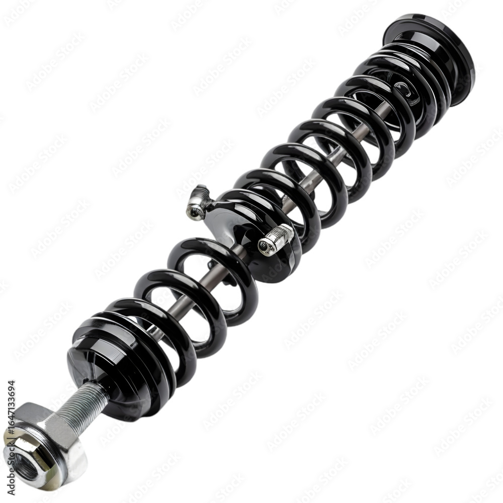 Poster close-up of a black coil spring suspension component showcasing intricate design and engineering