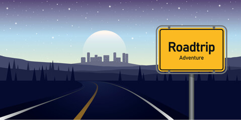 Obraz na płótnie Canvas road trip adventure in night landscape with cityview vector illustration
